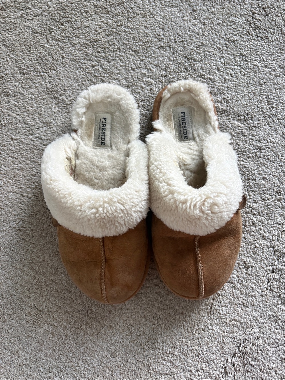 Fireside Women's Tan Suede Slippers with Cream Sherpa Lining